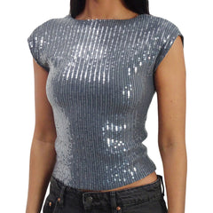 Sequin Short Sleeve Low Back Top