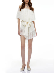 White Lace Off-Shoulder Tie Up Frill Mini Dress