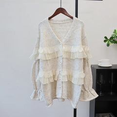 Pearl Button Ruffle Trim Cardigan