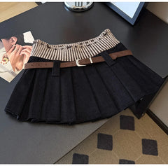 Patchwork Corduroy Pleated Mini Skirt with Belt