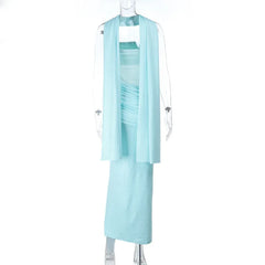 Blue Sparkly Strapless Maxi Dress With Scarf