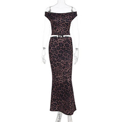 Leopard Print Off Shoulder Crop Top And Maxi Skirt Set