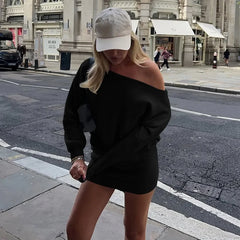 Off Shoulder Long Sleeve Solid Short Dress