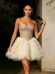Strapless Rhinestones Mesh Tulle Puff Mini Dress