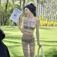 Women's letter print transparent mesh tank mini dress with A-line silhouette.