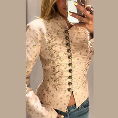 Floral Print Stand Collar Metal Button Jacket