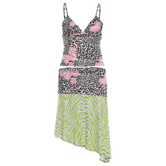 Leopard Floral Print V-Neck Tank Top And Irregular Hem Skirt Set