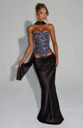 Sequins Scarf Collar Lace Up Corset Top And Satin Maxi Skirt