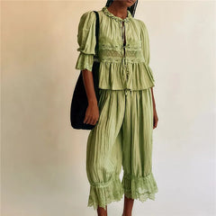 Lace Trim Bow Tie Front Short Sleeve Shirts And Ruffle Flared Lantern Pants Loungewear Set