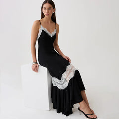 Lace Trim Ruffle Mermaid Hem Cami Midi Dress
