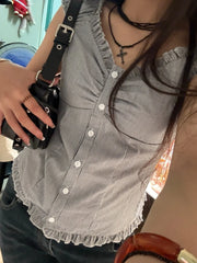 Ruffle Hem Short Sleeve Button Up Top