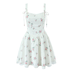 White Floral Print Tie Up Tulle Hem Mini Dress