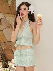 Halter Ruched Tie Up Crop Top And Mini Skirt Set