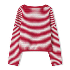 Striped Crew Neck Open Front Button Down Cardigan