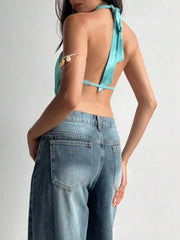 Blue Halter Shell Cowl Crop Top