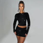 Sequin Solid Long Sleeve Top And Mini Skirt Set