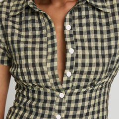 Plaid Short Sleeve Button Mini Dress