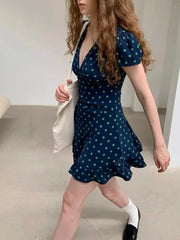 Navy Floral Print V Neck Puff Sleeve Mini Dress