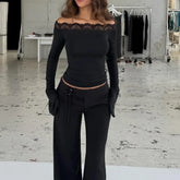 Black Off Shoulder Lace Trim Long Sleeve Tee