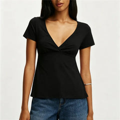 Solid V-Neck Short Sleeve Back Tie Up Top
