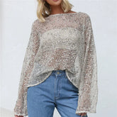 Silver Sequin Mesh Long Sleeve Top