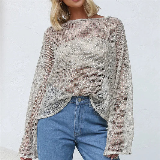 Silver Sequin Mesh Long Sleeve Top