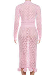 Pink Knit Puffball Cardigan Top And Midi Skirt Set