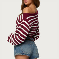 Off-Shoulder Striped Knit Sweater