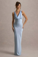 Satin Cowl Neck Backless Maxi Dress