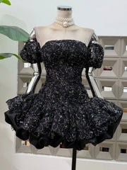 Off Shoulder Puff Sleeves Floral Bubble Mini Dress