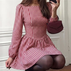 Red Gingham Long Puff Sleeve Backless Bow Tie Mini Dress