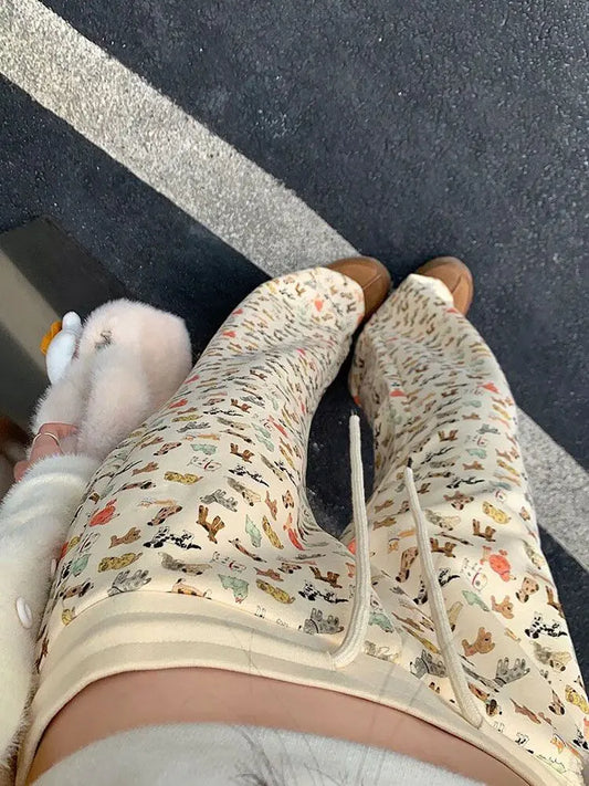 Puppy Print Fleece High Waisted Flared Straight Leg Pants