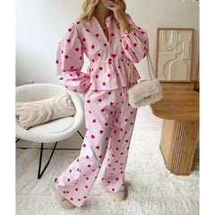 Heart Print Long Sleeve Button Down Babydoll Shirt with Pants Loungewear Set