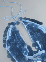 Blue Sequin Deep V-Neck Halter Backless Mini Dress