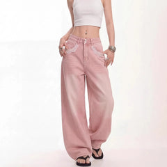 Pink Lace Trim Wide Leg Jeans