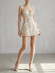 3D Flower Sequin Strappy Mini Dress