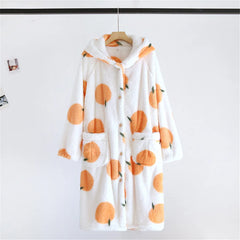 Fruit Print Plush Hooded Bathrobe Lougewear
