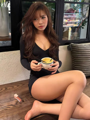 Black Long Sleeve Slit Out Desgin Back Mini Dress