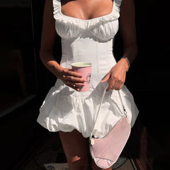 White Puff Ruffle Strap Mini Dress