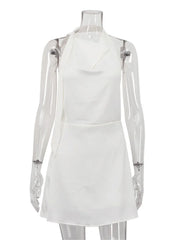 White Backless Lace-Up Satin Mini Dress