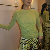 Green Front Twist Long Sleeve Sheer Top