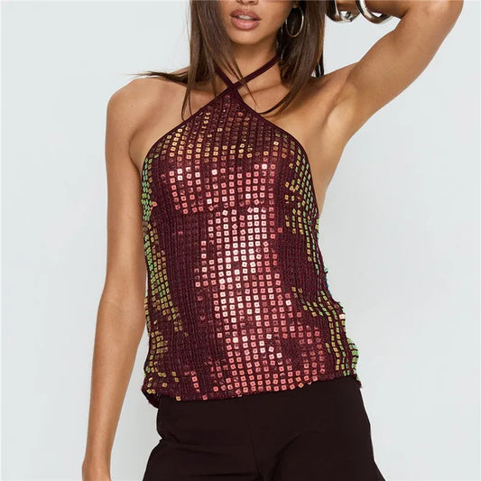 Sequin Tie Up Strap Open Back Top