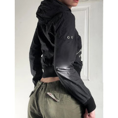 Black Hooded Cargo Snap Button Jacket with Pockets