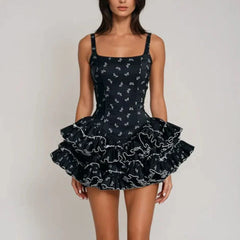 Black Square Neck Bow Printed Frill Bloomer Mini Dress
