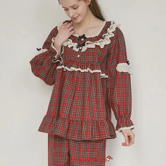 Gingham Long Sleeve Babydoll Top and Wide Leg Pants Lounge Set
