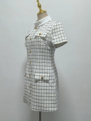 White High Collar Plaid Button Up Mini Dress