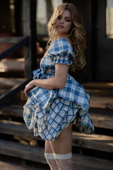 Blue Plaid Short Puff Sleeve Square Neck Bow A-line Mini Dress