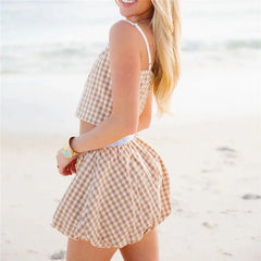 Gingham Spaghetti Strap Crop Top And Bubble Mini Skirt Set
