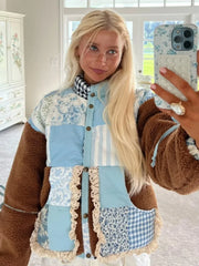 Patchwork Floral Gingham Print Bow Decor Fleece Jacket