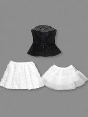 Black Velvet Lace-up Corset Top And Mini White Floral Skirt Set